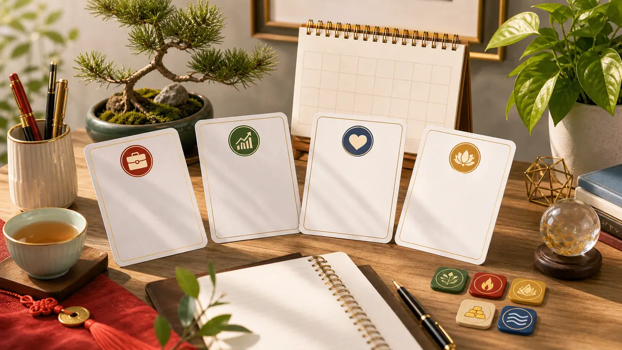 Bốn thẻ checklist trống cho công việc, tài chính, quan hệ và sức khỏe khi lập kế hoạch ngày mai