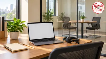 Laptop màn hình trống, tai nghe và sổ trên bàn, phía sau vách kính có bàn họp cùng hai ghế