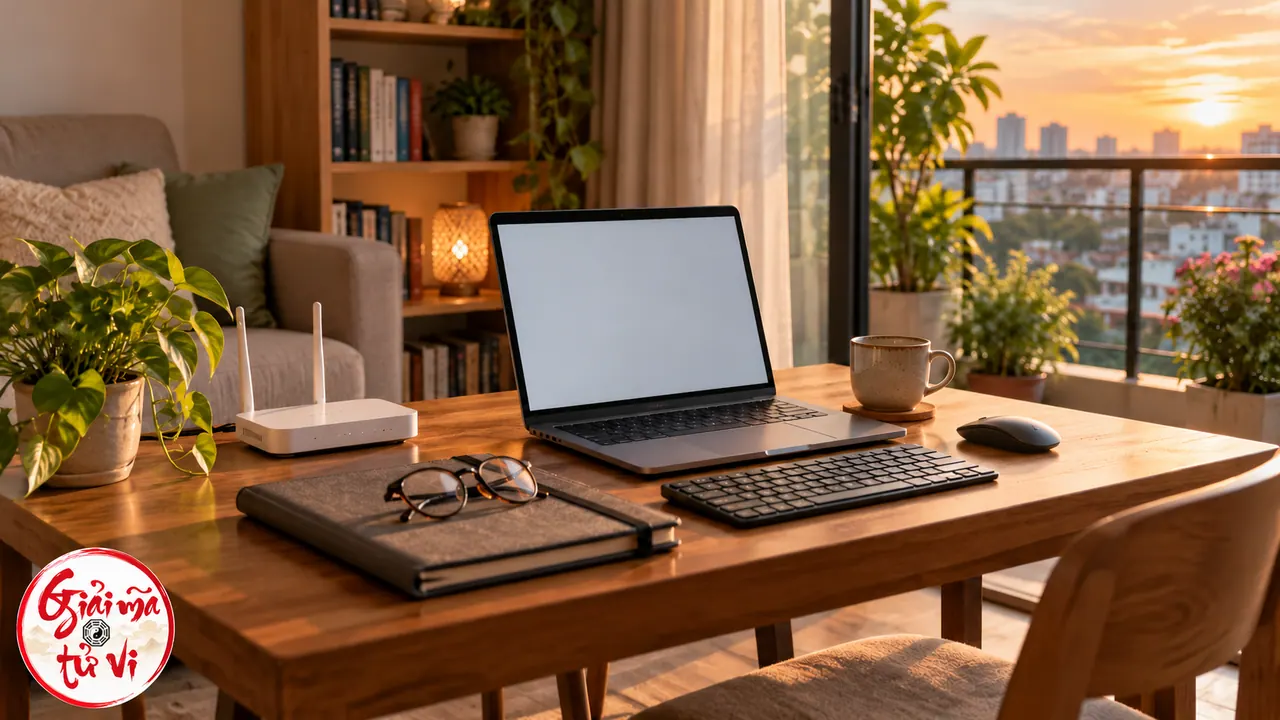 Laptop, bàn phím và bộ phát mạng trên bàn cạnh cửa ban công, phía sau có sofa và giá sách