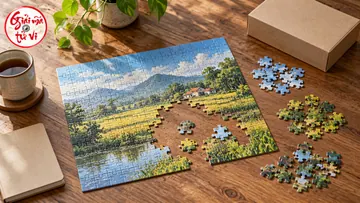 Bức ghép hình phong cảnh đang dở cạnh các nhóm mảnh rời, hộp giấy và sổ trên bàn gỗ