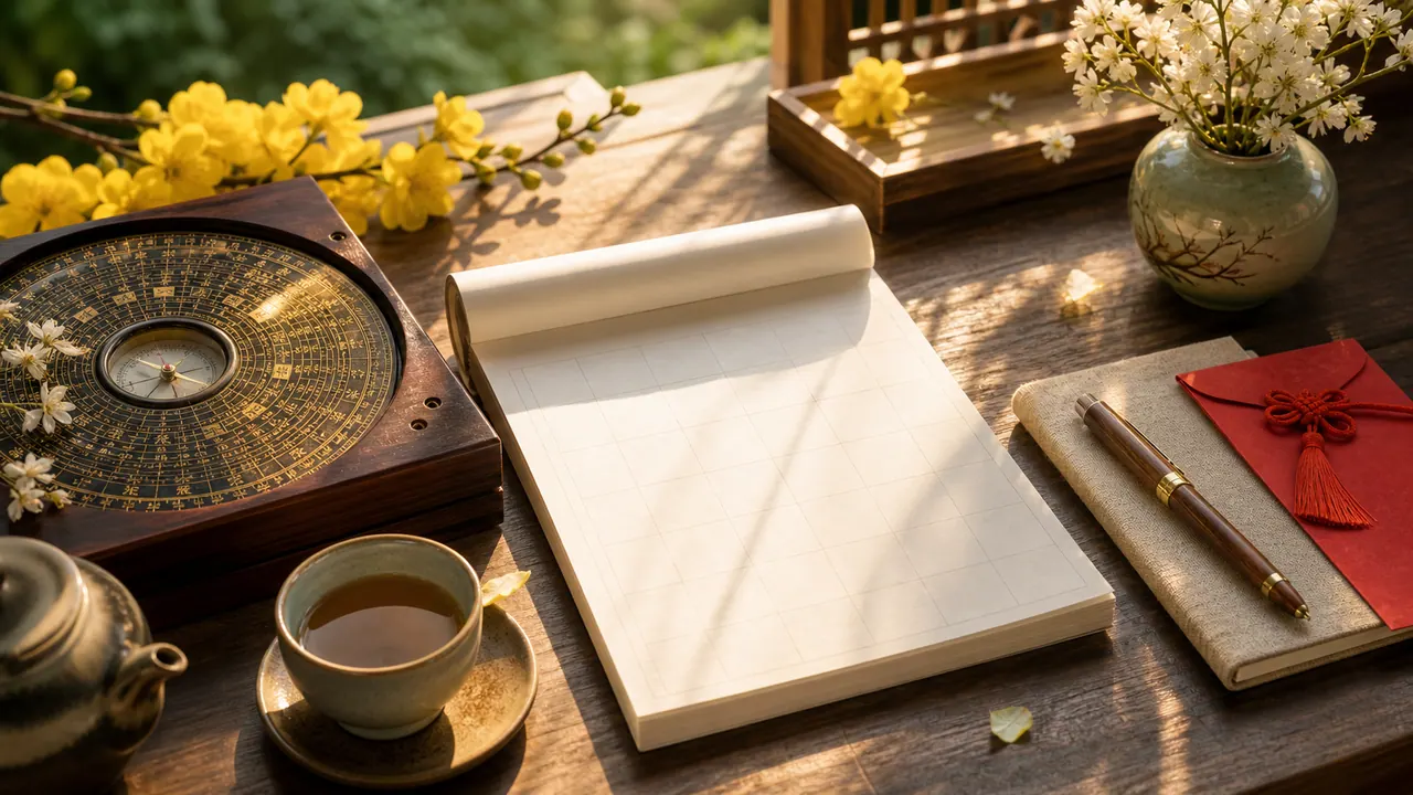 La bàn truyền thống, sổ kế hoạch trống, hoa và trà trong ánh sáng buổi sáng