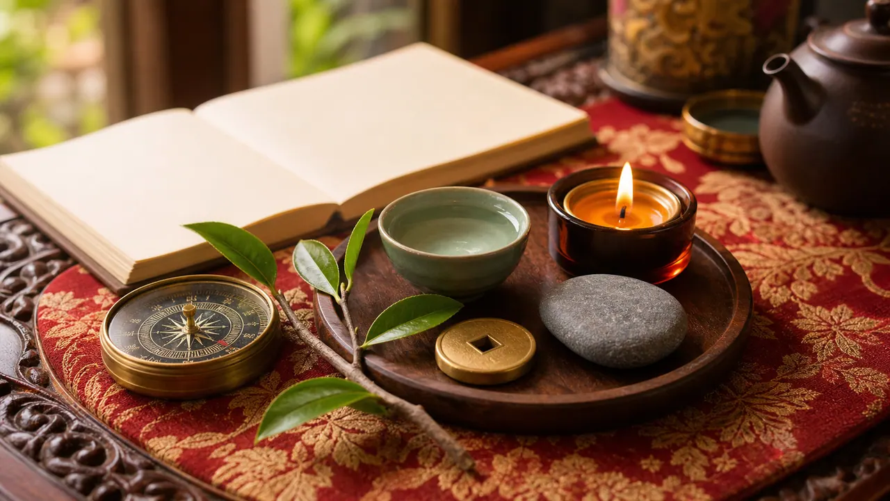 La bàn, lá cây, đồng tiền, bát nước, viên đá và ngọn nến trên khay cạnh sổ mở