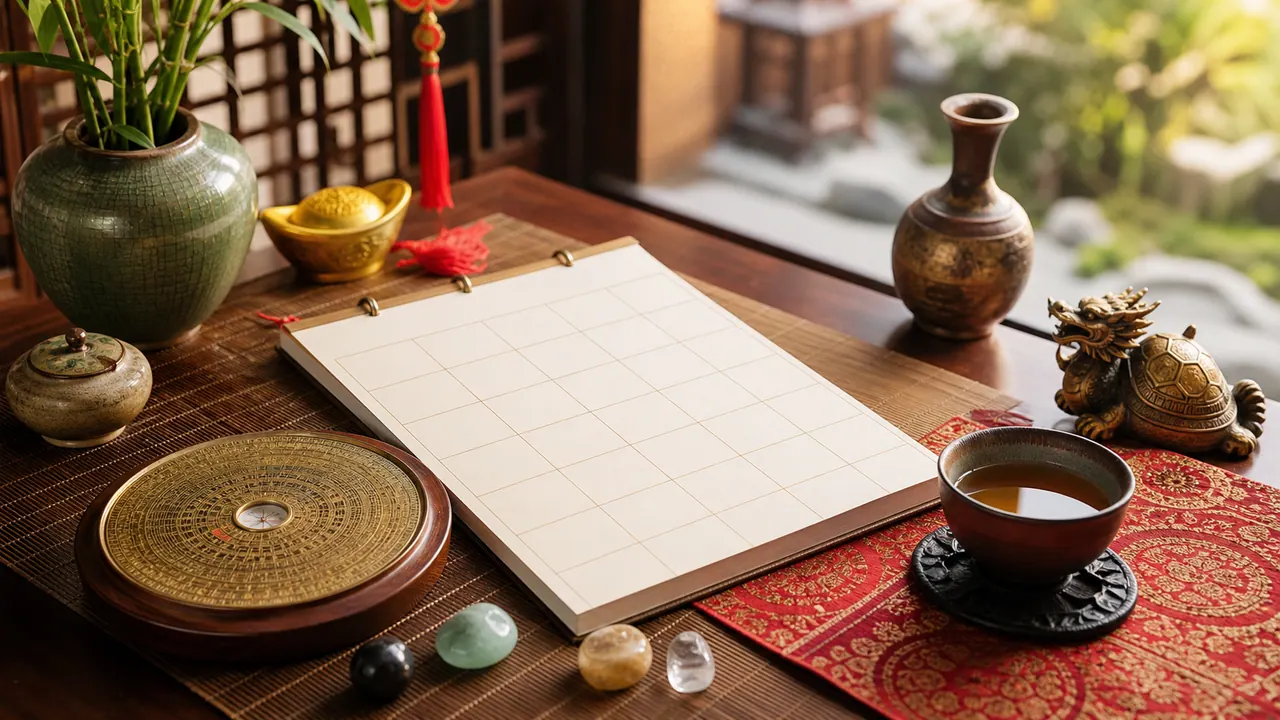 Lịch ô trống, la bàn tròn, chén trà và tượng rùa đầu rồng trên bàn cạnh cửa sổ