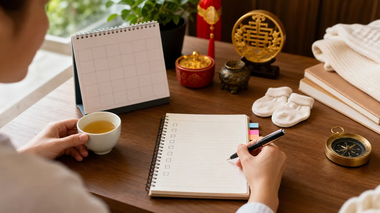 Góc lập kế hoạch gia đình với sổ tay, lịch, đồ trẻ nhỏ và la bàn