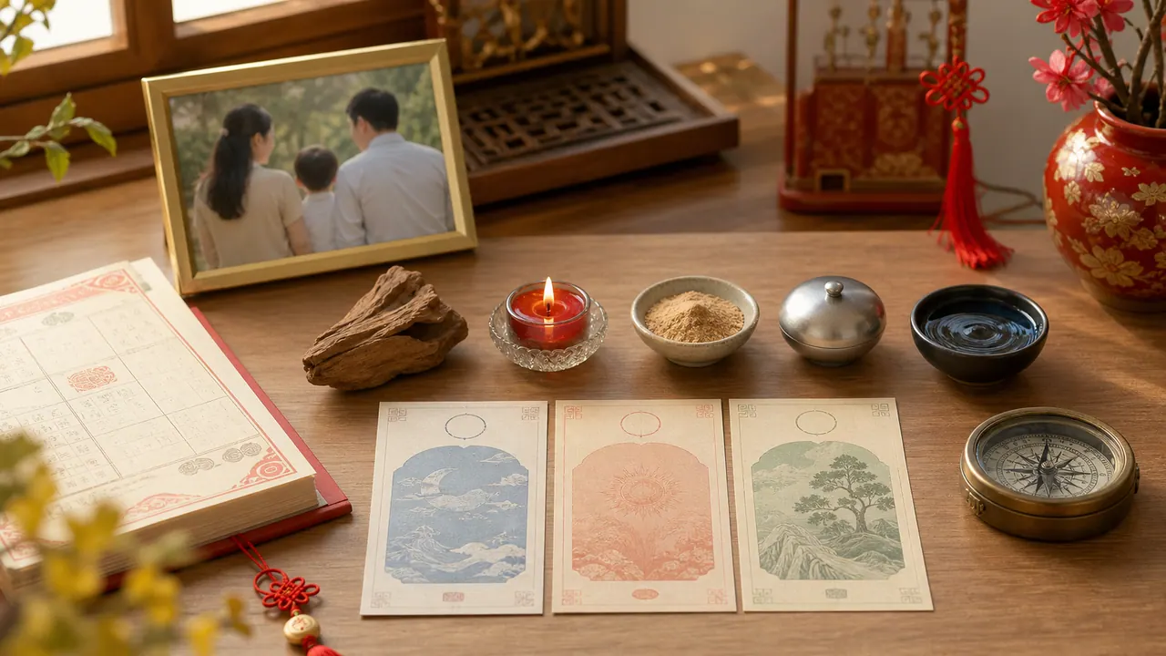 Bàn luận tuổi cha mẹ con với lịch âm, la bàn và vật phẩm tượng trưng ngũ hành
