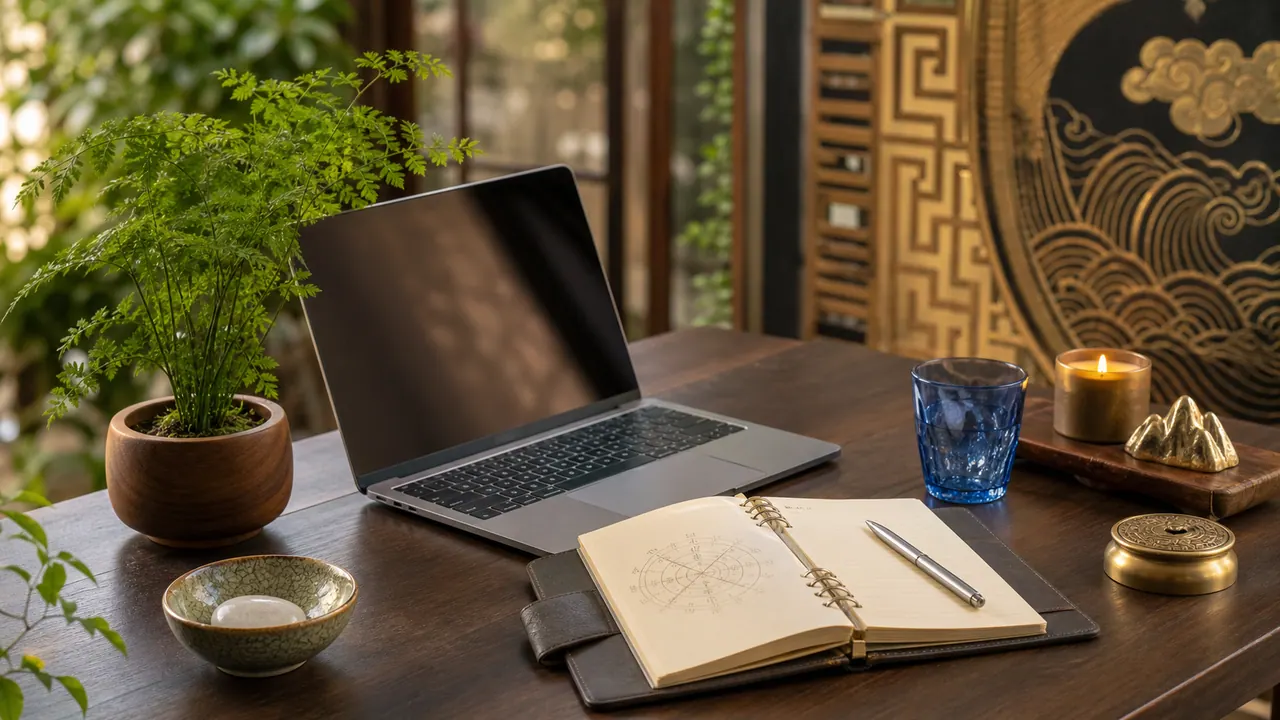 Bàn làm việc có sổ kế hoạch, laptop và vật phẩm gợi ngũ hành cho người xem tuổi hợp nghề