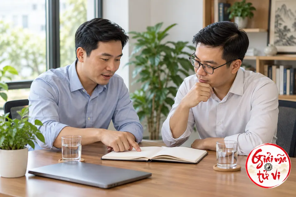 Hai đồng nghiệp nam trao đổi về sổ tay trên bàn có hai cốc nước
