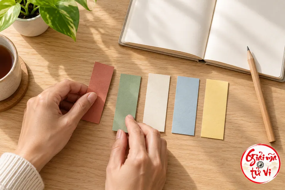 Đôi tay sắp năm mảnh giấy màu cạnh sổ tay và bút chì