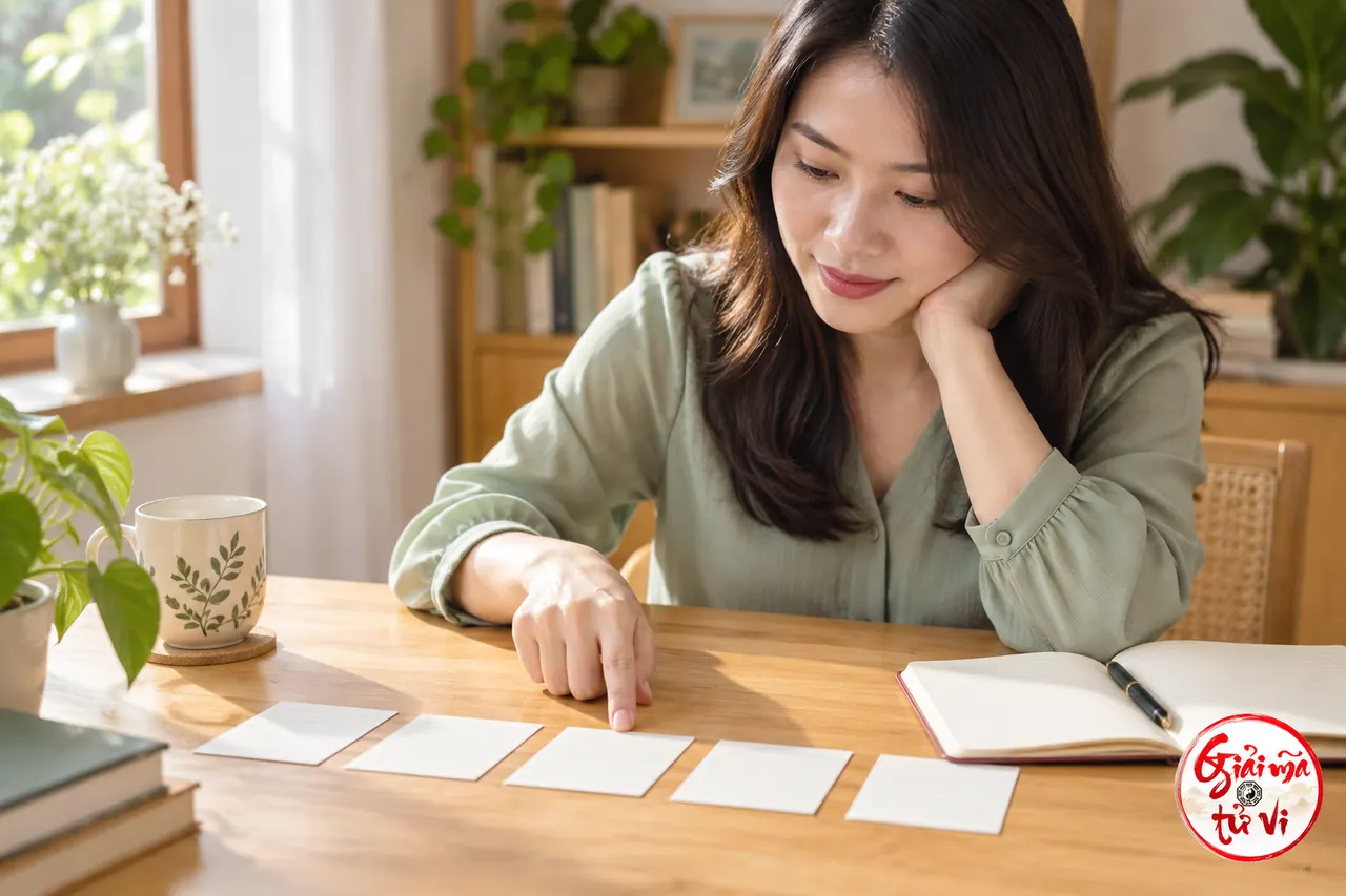 Người phụ nữ chọn một thẻ giấy trong hàng thẻ cạnh sổ tay mở