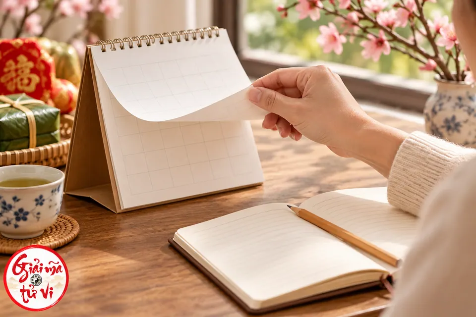 Bàn tay lật trang lịch bàn cạnh sổ tay, bút chì và cành hoa đào