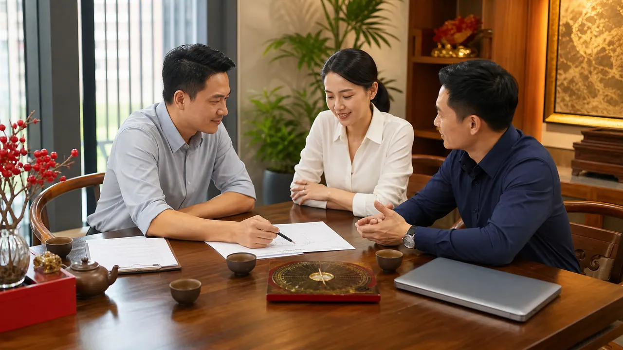 Ba đối tác kinh doanh Việt Nam trao đổi kế hoạch với la bàn phong thủy trên bàn