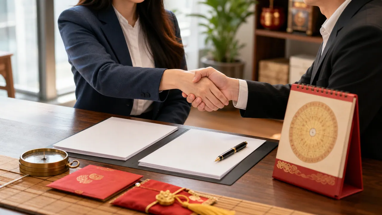 Hai người bắt tay trên bàn hợp đồng với lịch phong thủy và bút ký
