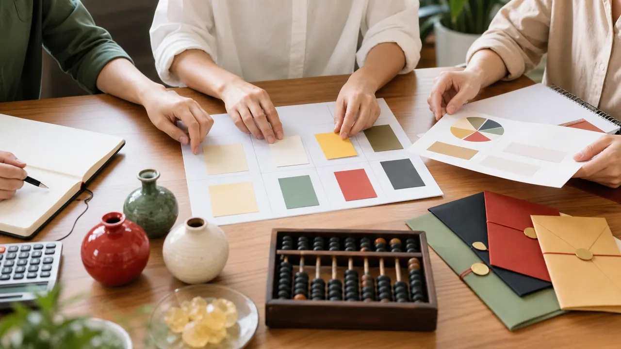 Bàn làm việc có bảng phân vai, phong bì, bàn tính và vật phẩm ngũ hành không chữ