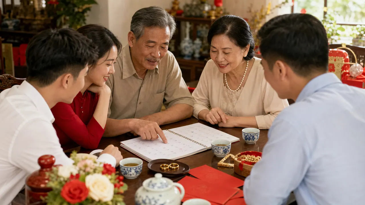 Hai gia đình cùng cặp đôi quây quần bên bàn trà, người lớn chỉ tay vào sổ lịch để bàn bạc chọn ngày lành làm lễ cưới hỏi