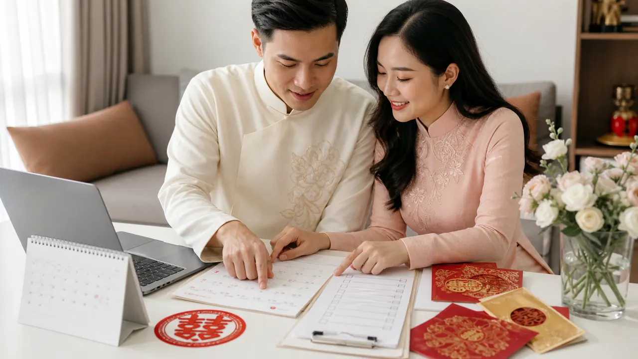 Cô dâu chú rể mặc áo dài truyền thống ngồi bên bàn cùng chọn ngày trên lịch cưới và rà soát danh sách chuẩn bị hôn lễ