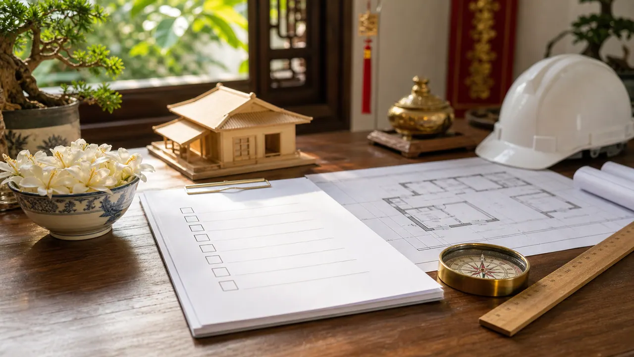 Danh mục kiểm tra pháp lý xây dựng, bản vẽ chi tiết, la bàn phong thủy và nón bảo hộ công trình