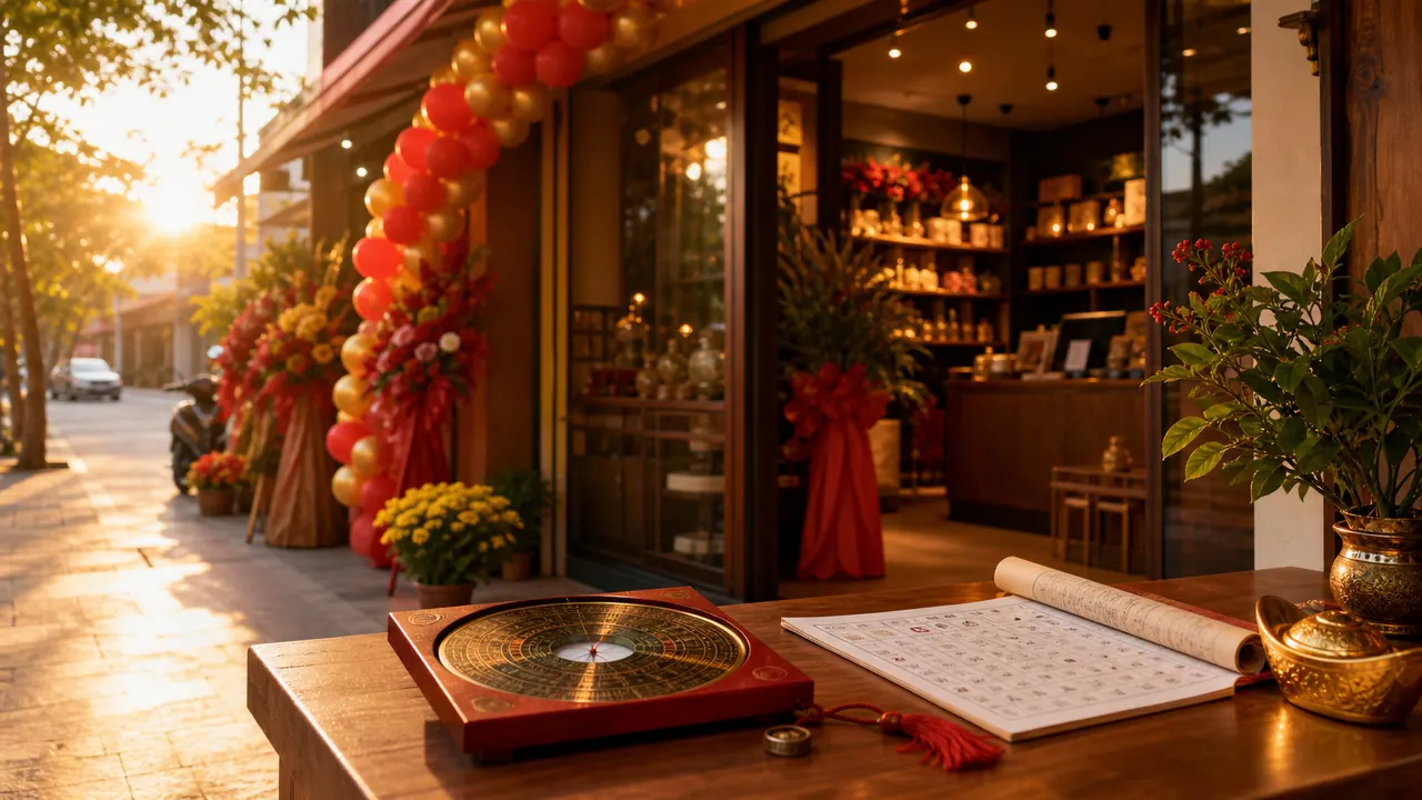 Cửa hàng trang trí khai trương với lịch âm và la bàn phong thủy trên bàn