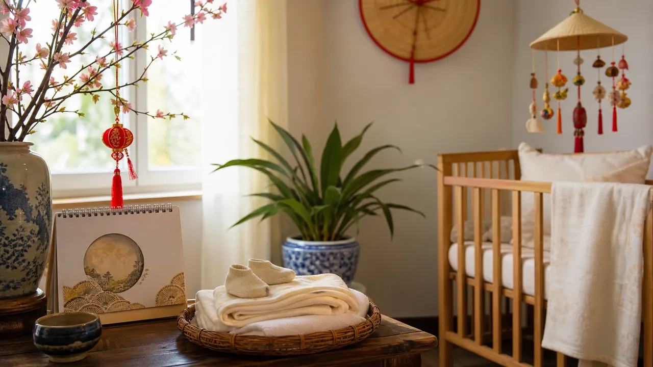 Góc chuẩn bị đón em bé trong gia đình với nôi em bé, sổ theo dõi thai kỳ và đồ dùng trẻ nhỏ