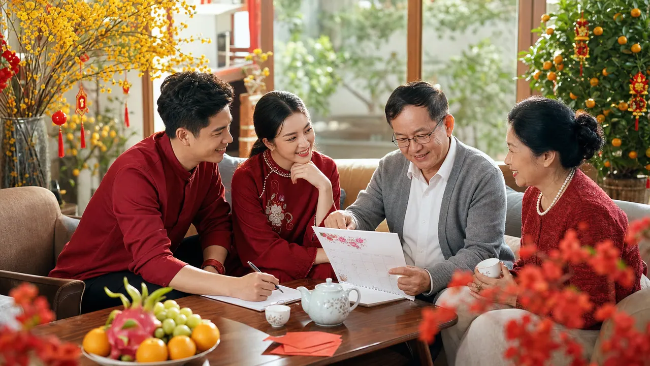 Gia đình nhiều thế hệ cùng xem lịch và trò chuyện về kế hoạch sinh con