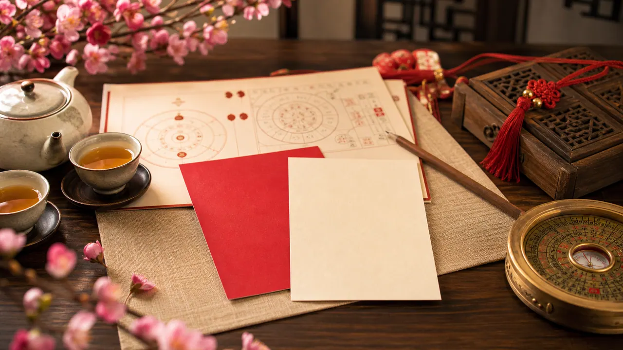 Giấy trống màu đỏ và kem trước trang sổ vòng tròn cạnh la bàn và ấm chén