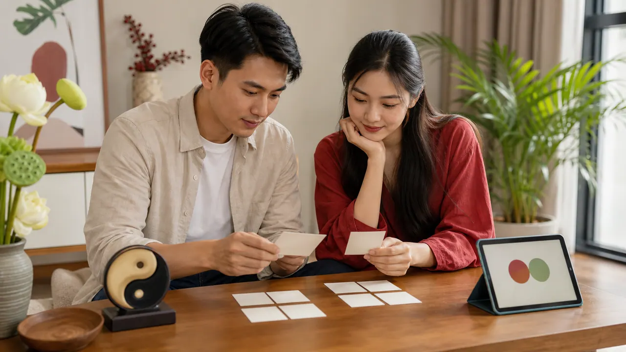Hai người cầm thẻ trắng bên biểu tượng âm dương và khung hai trái tim